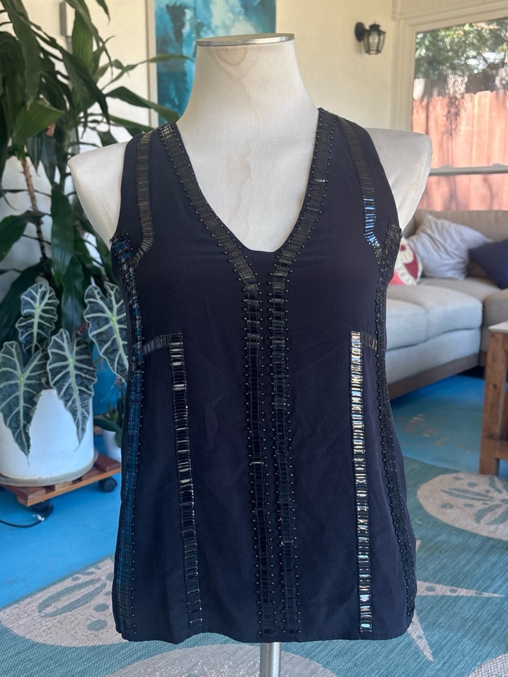 Ramy Brook Silk Black Beaded V-Neck Tank